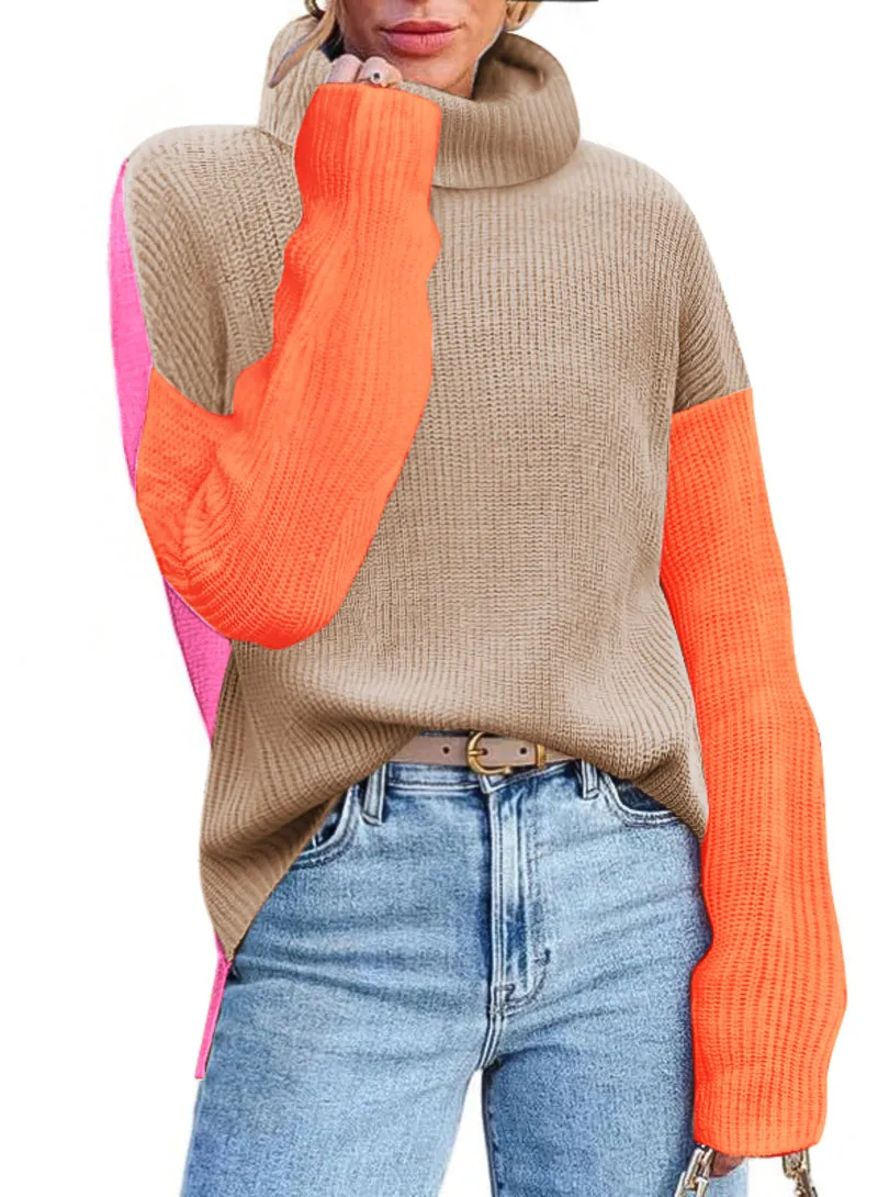 Zeagoo Womens Turtleneck Sweaters Color Block Cozy Knit Pullover