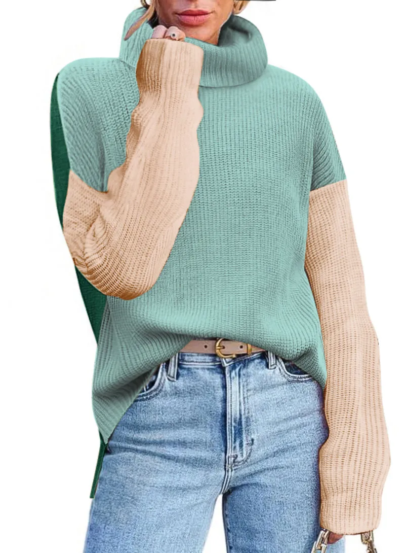 Zeagoo Womens Turtleneck Sweaters Color Block Cozy Knit Pullover